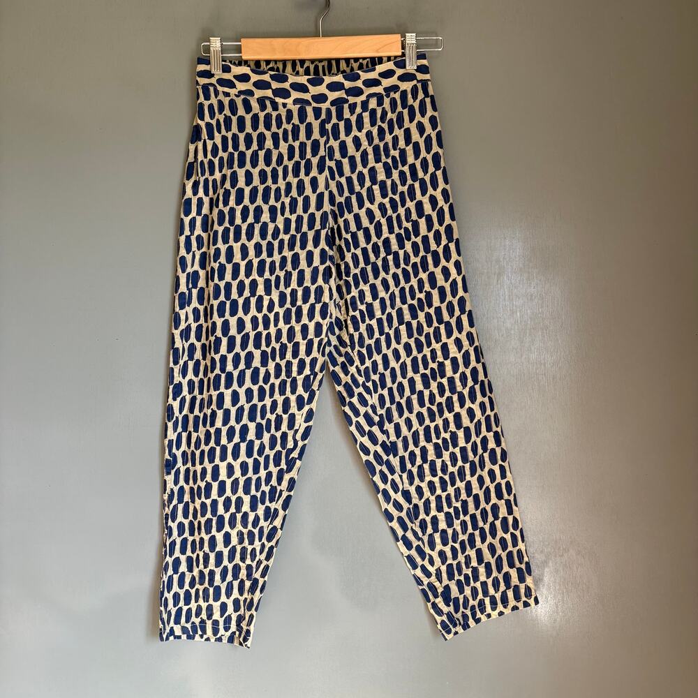 MELANGE Women's SMALL Blue Geometric Cotton Ribbed Pants Lightweight Boho Hippie